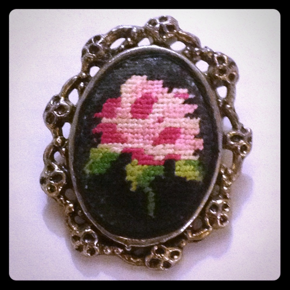 Huge Embroidered Pendant OR Pin Very Old
